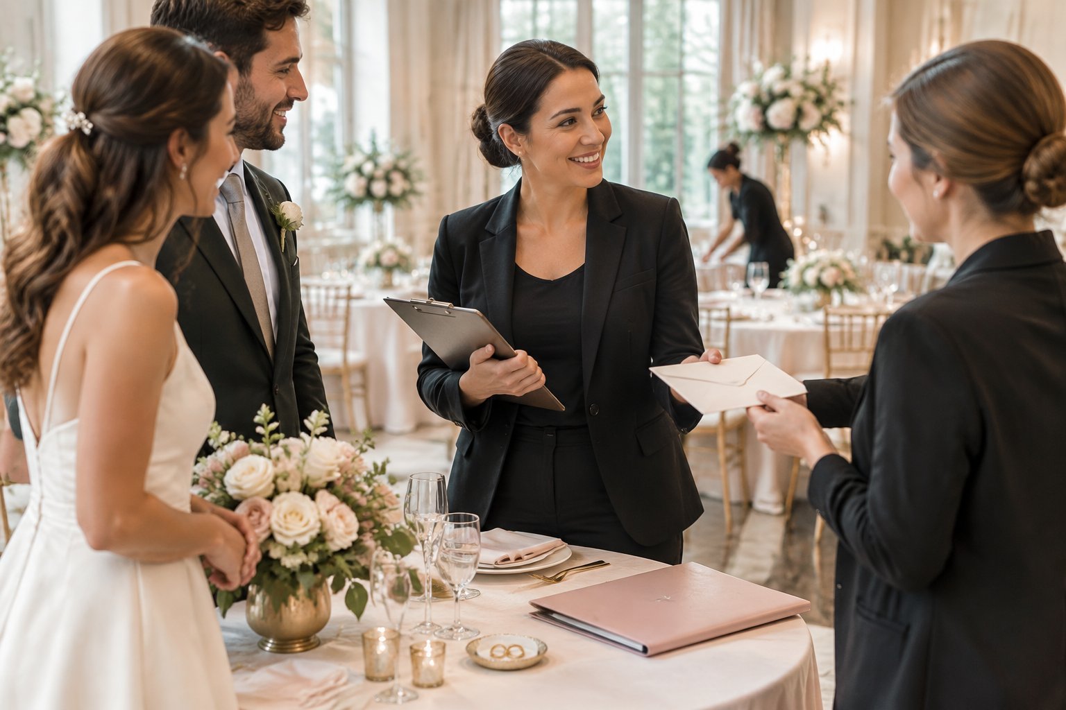 A wedding coordinator reviews reception details while receiving a thank-you envelope from a couple.