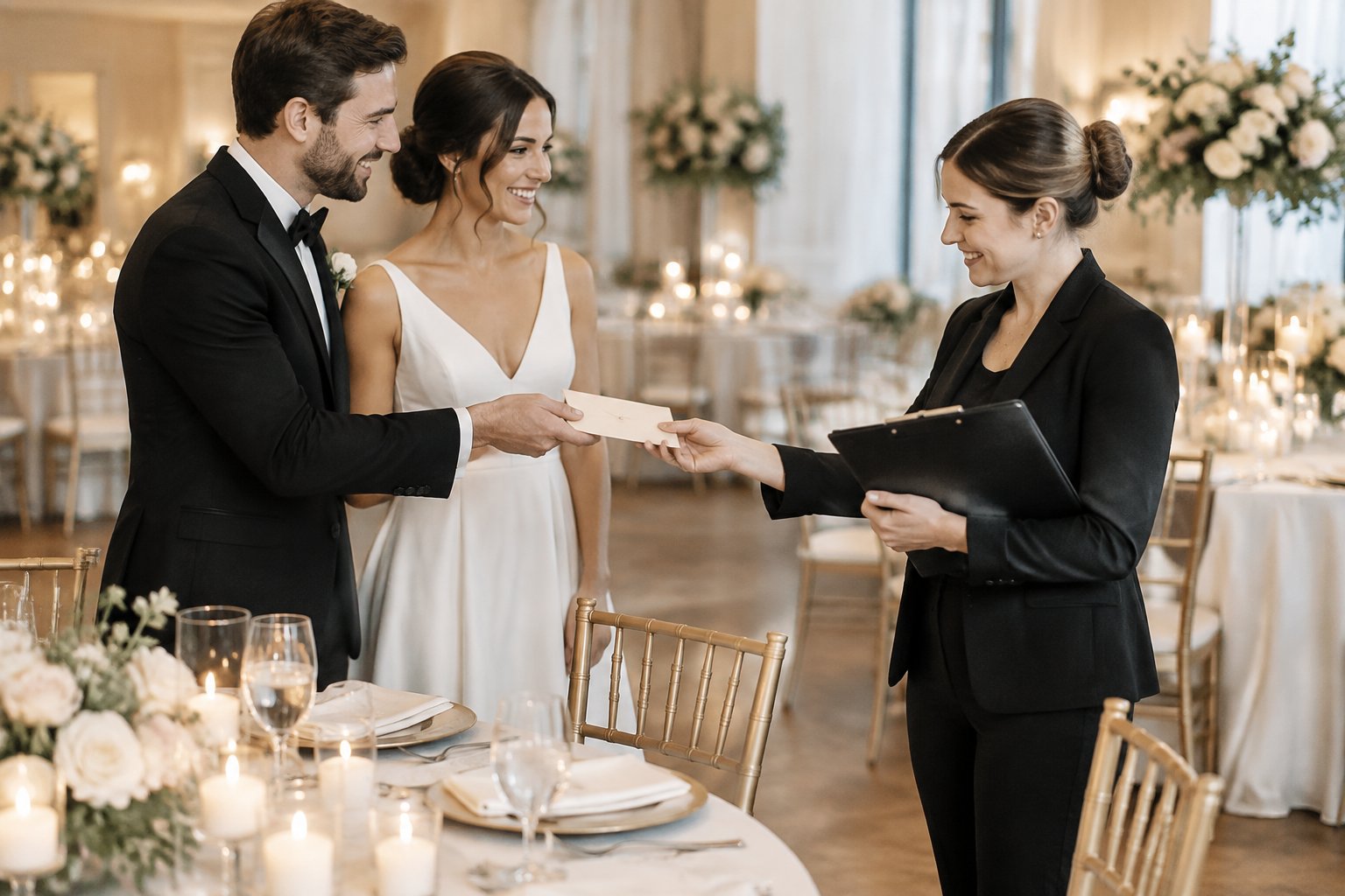 A wedding coordinator receives a small appreciation envelope from a newlywed couple at a decorated reception venue.