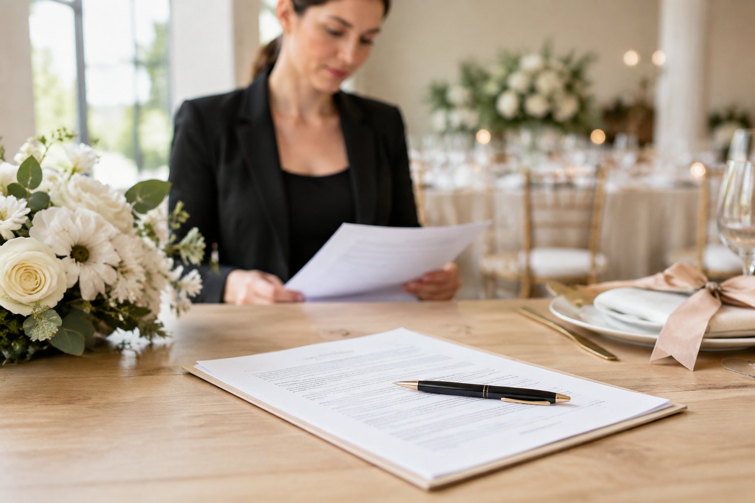 A wedding coordinator reviews a contract beside a pen and flowers at a reception table.