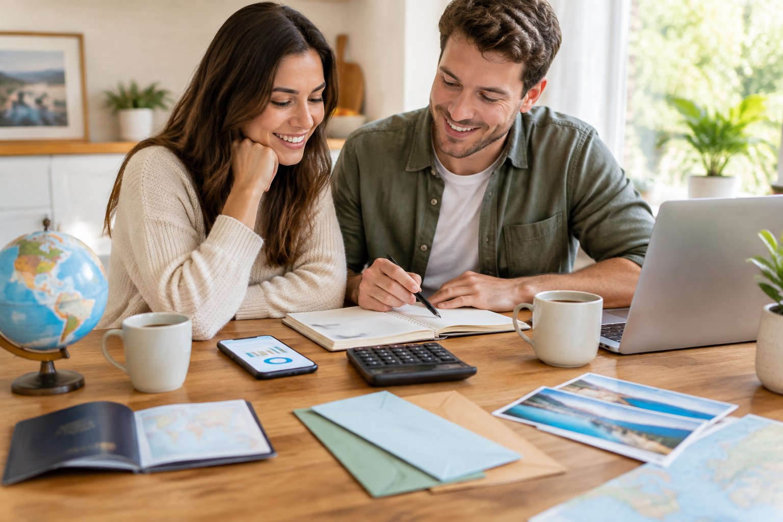 A newlywed couple plans and budgets for their honeymoon together at a table with travel items and financial tools.