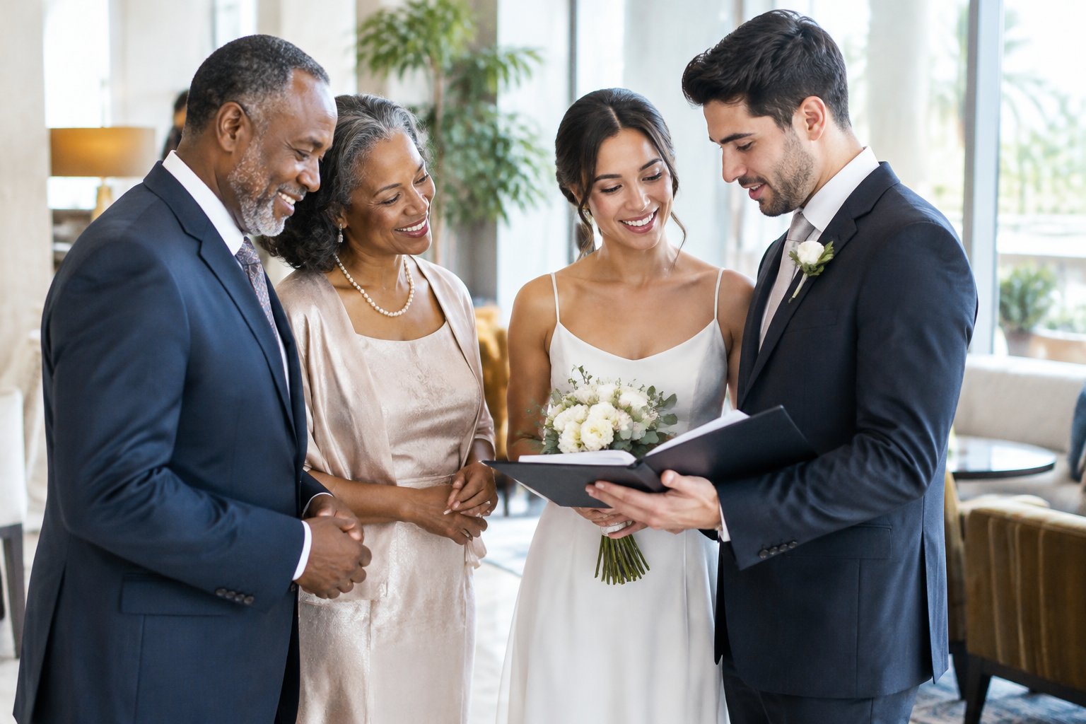 A newlywed couple discusses honeymoon plans with an older couple in an elegant hotel lobby.