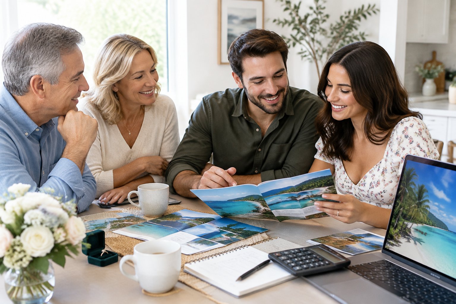 A newlywed couple discusses honeymoon finances with an older couple at a dining table.