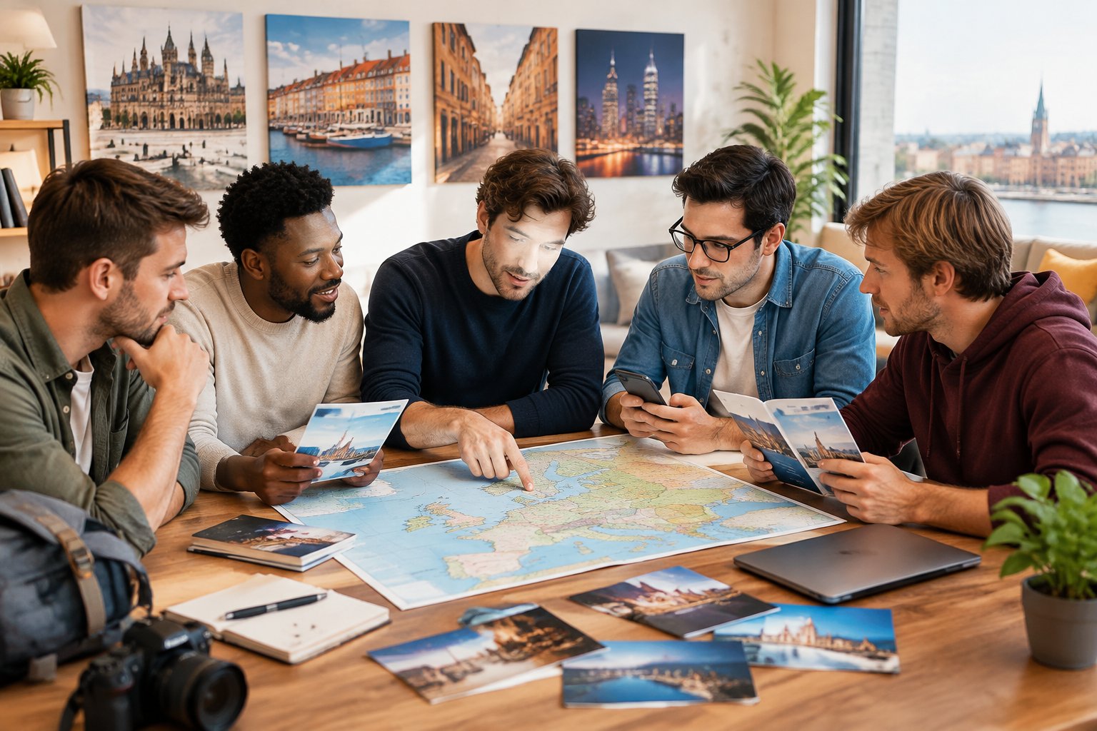 A group of friends compares a European map and travel options while choosing a destination for a group trip.