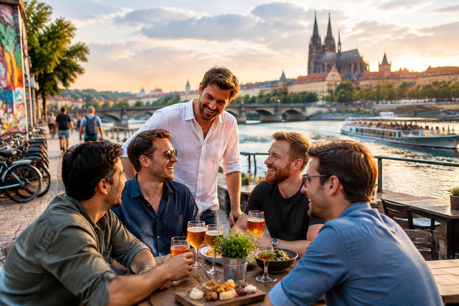 A group of friends enjoying food and drinks on a riverside terrace in a historic European city.