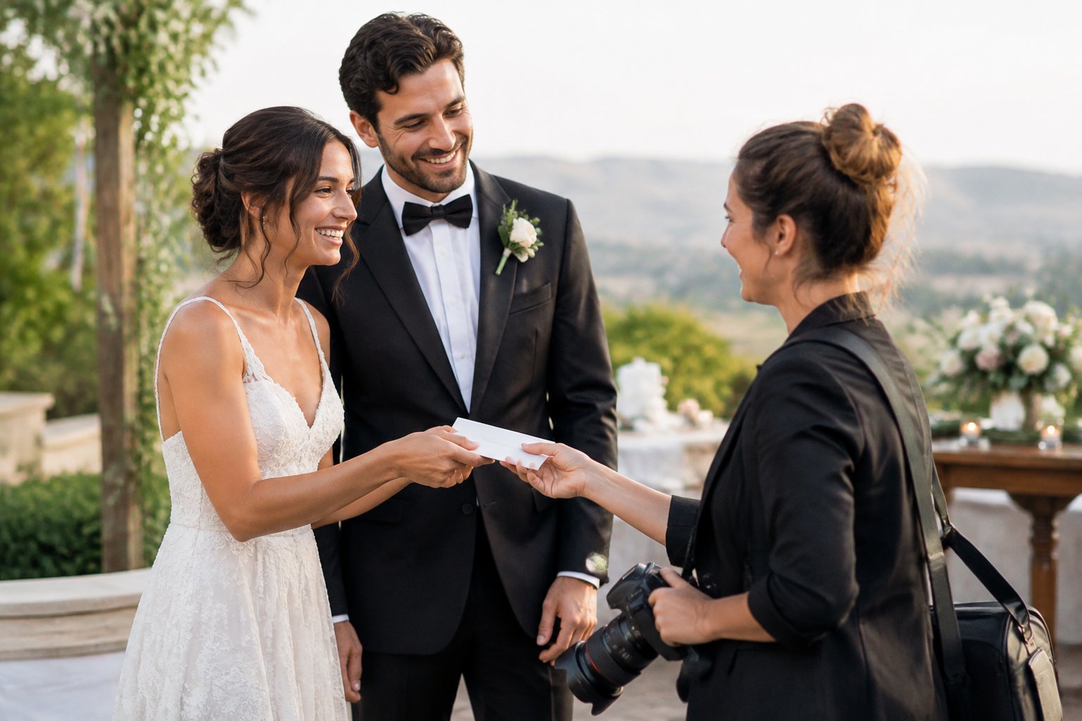 A newlywed couple thanks their wedding photographer while discreetly offering a gratuity.