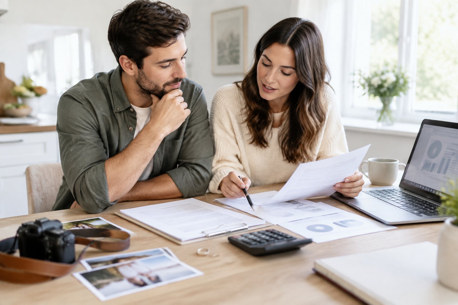 An engaged couple reviews wedding budget papers and a photography contract at a table.