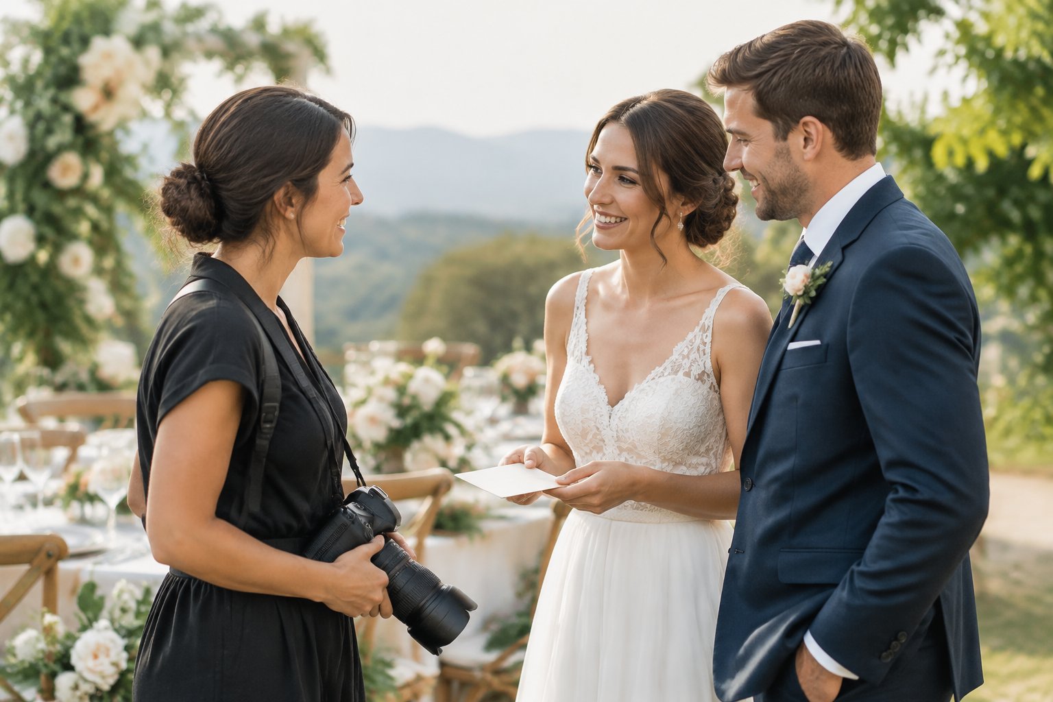 A newlywed couple presents an envelope to their wedding photographer at an outdoor reception.