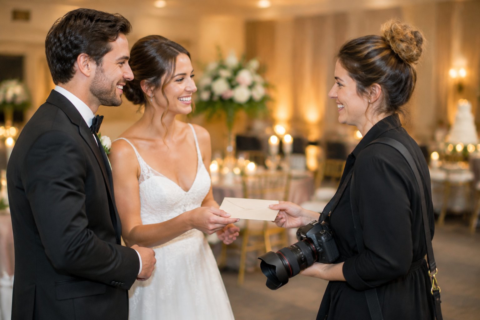 A newlywed couple gives an envelope to their smiling wedding photographer at a reception.