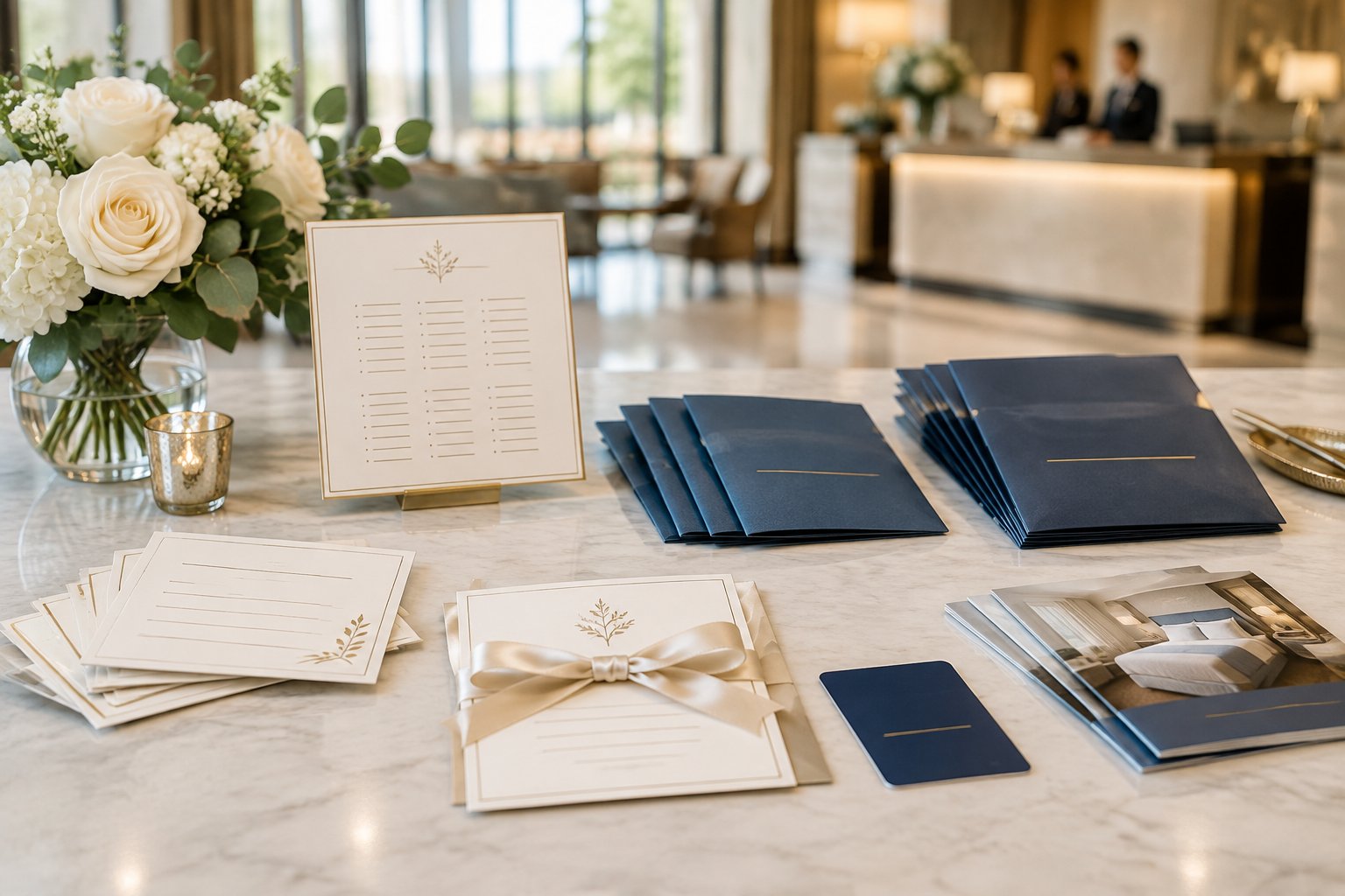 Wedding hotel room reservations arranged on a desk beside an invitation and hotel materials.