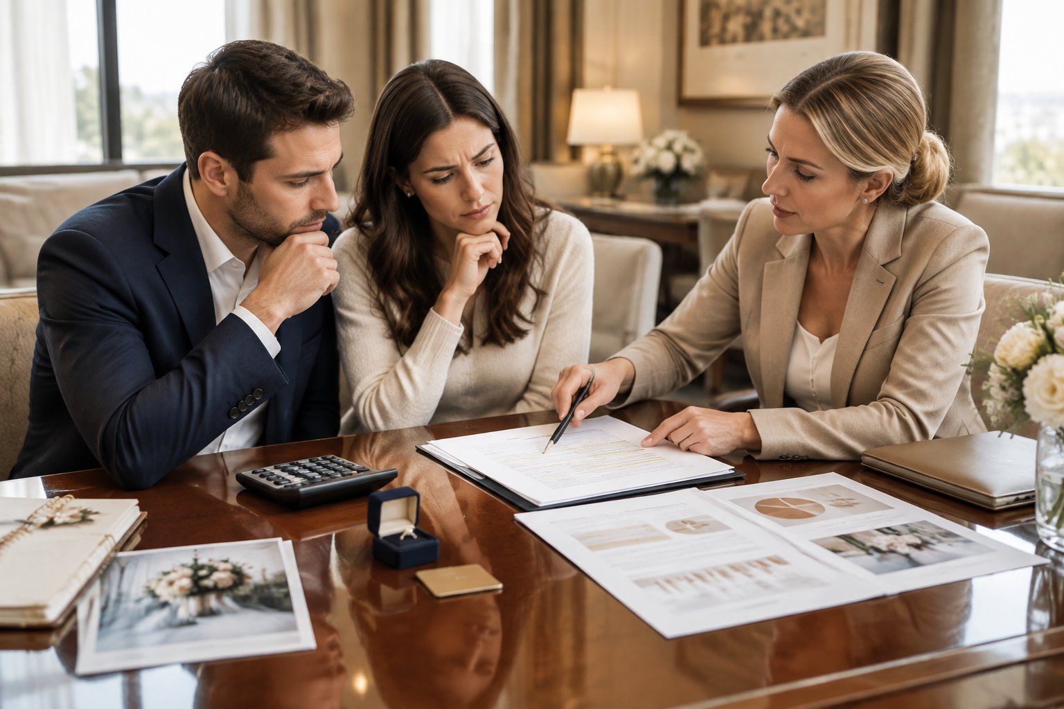 A couple and their wedding planner review hotel room reservation paperwork at a table with a calculator and wedding planning items.