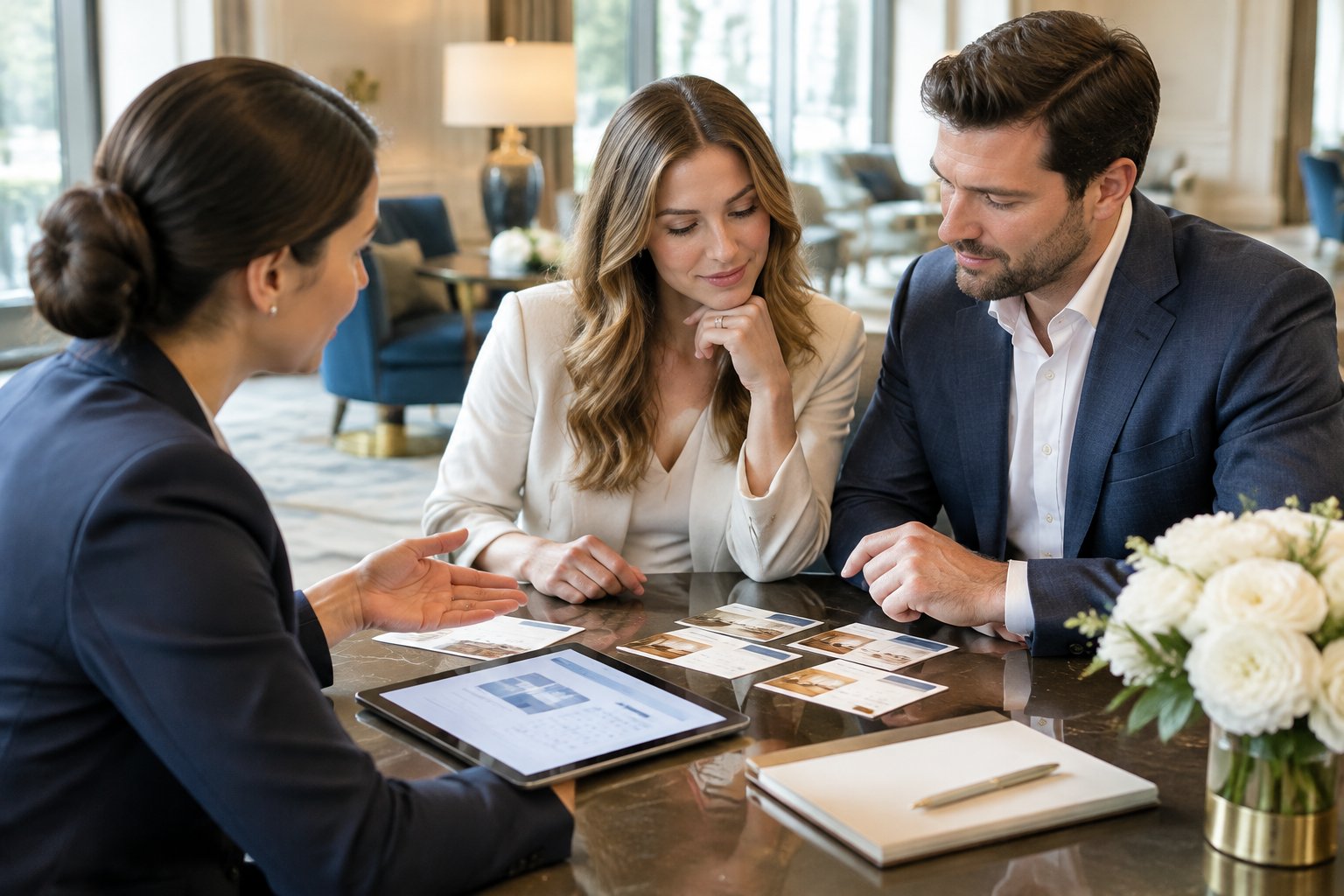 An engaged couple discusses hotel room reservations with a coordinator in an elegant hotel lobby.