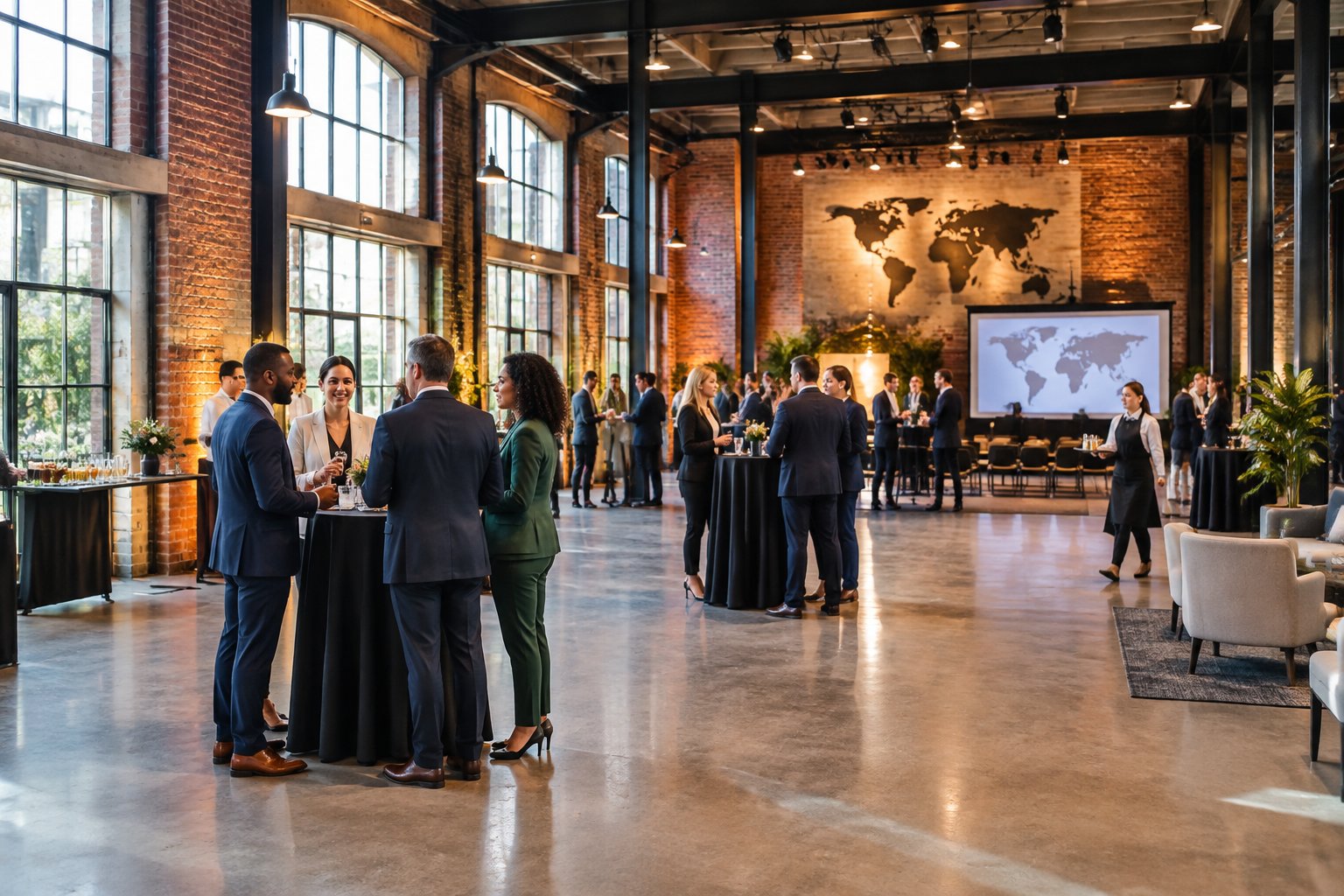 Professionals networking inside a spacious converted factory event venue.