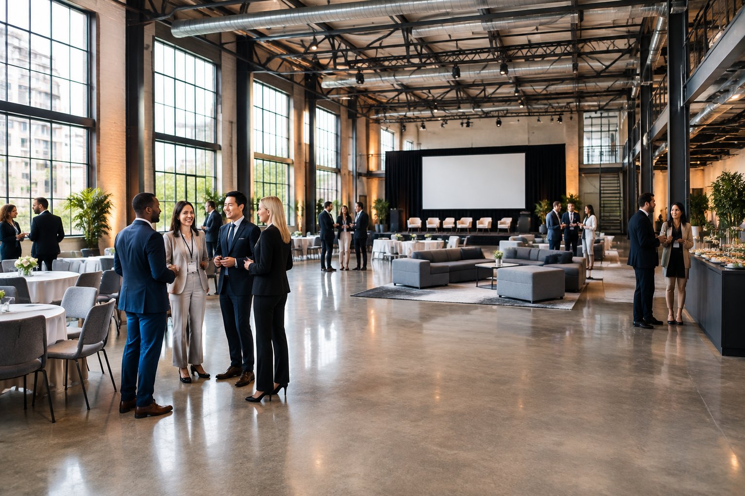 A spacious converted factory venue prepared for an international business event, with diverse professionals, flexible seating, and polished industrial interiors.