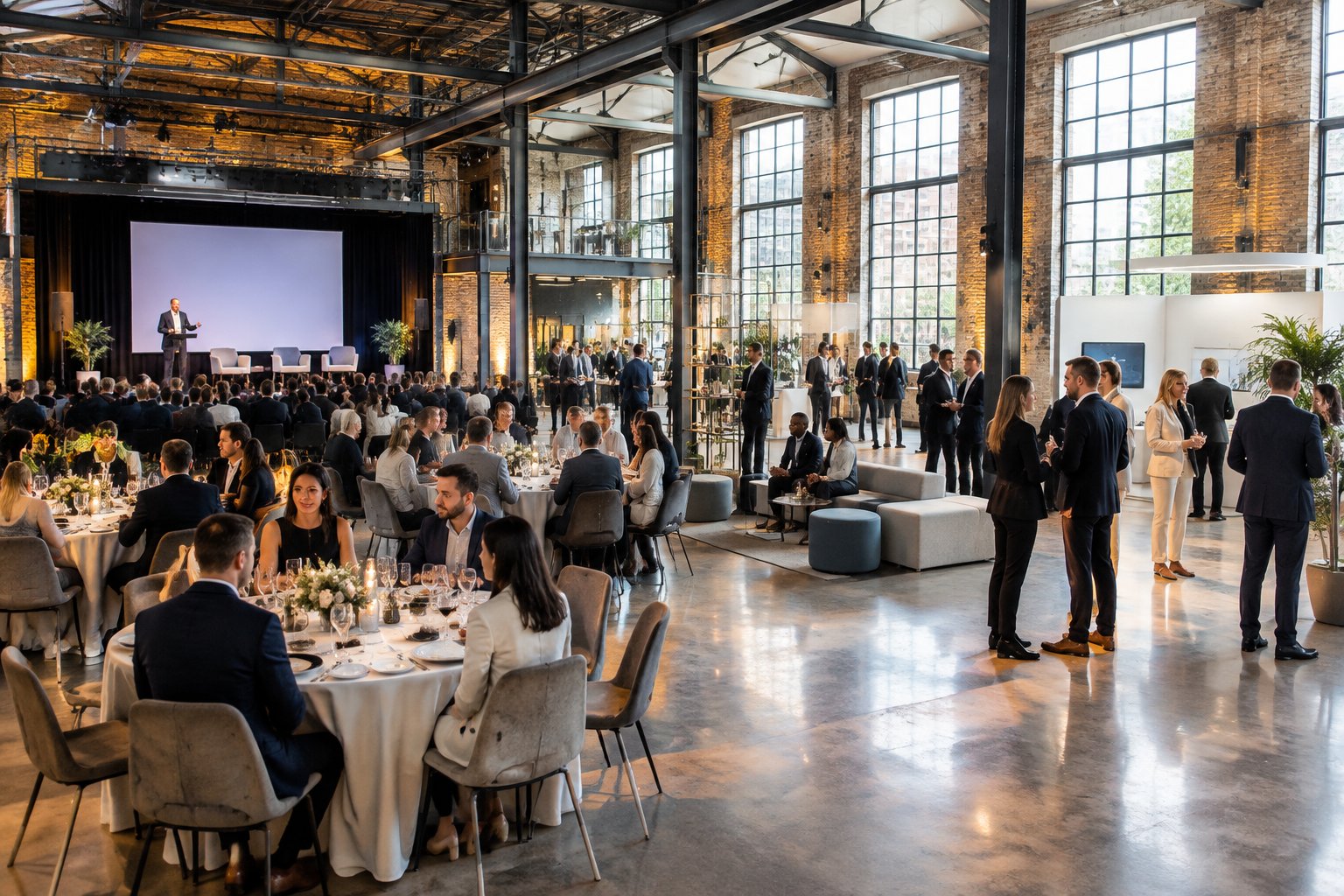 A renovated industrial venue arranged for a dinner, conference, and networking event.