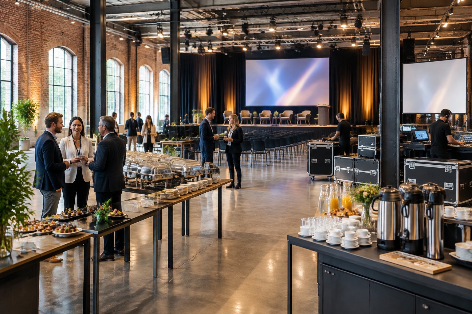 A converted factory venue set up for an international business event with a stage, technical equipment, catering stations, and attendees networking.