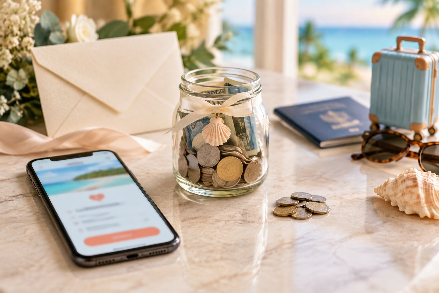 A honeymoon fund arrangement with coins, a smartphone, wedding stationery, and travel accessories.