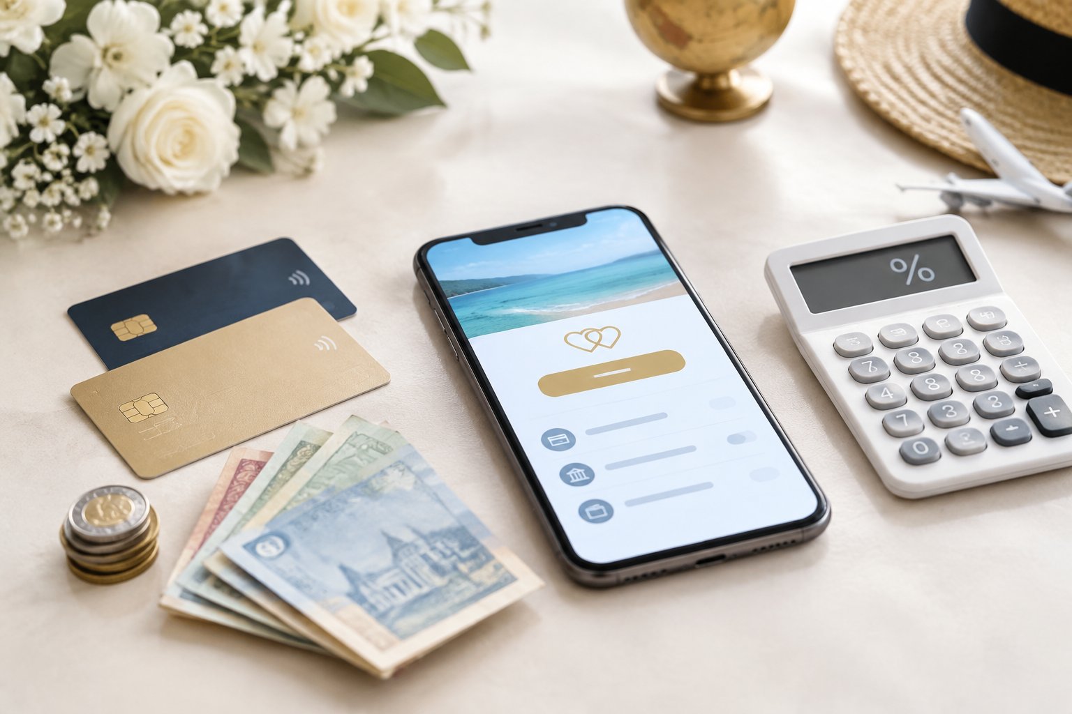 A smartphone, payment cards, calculator, coins, and banknotes arranged on a tabletop to represent honeymoon fund payment costs.
