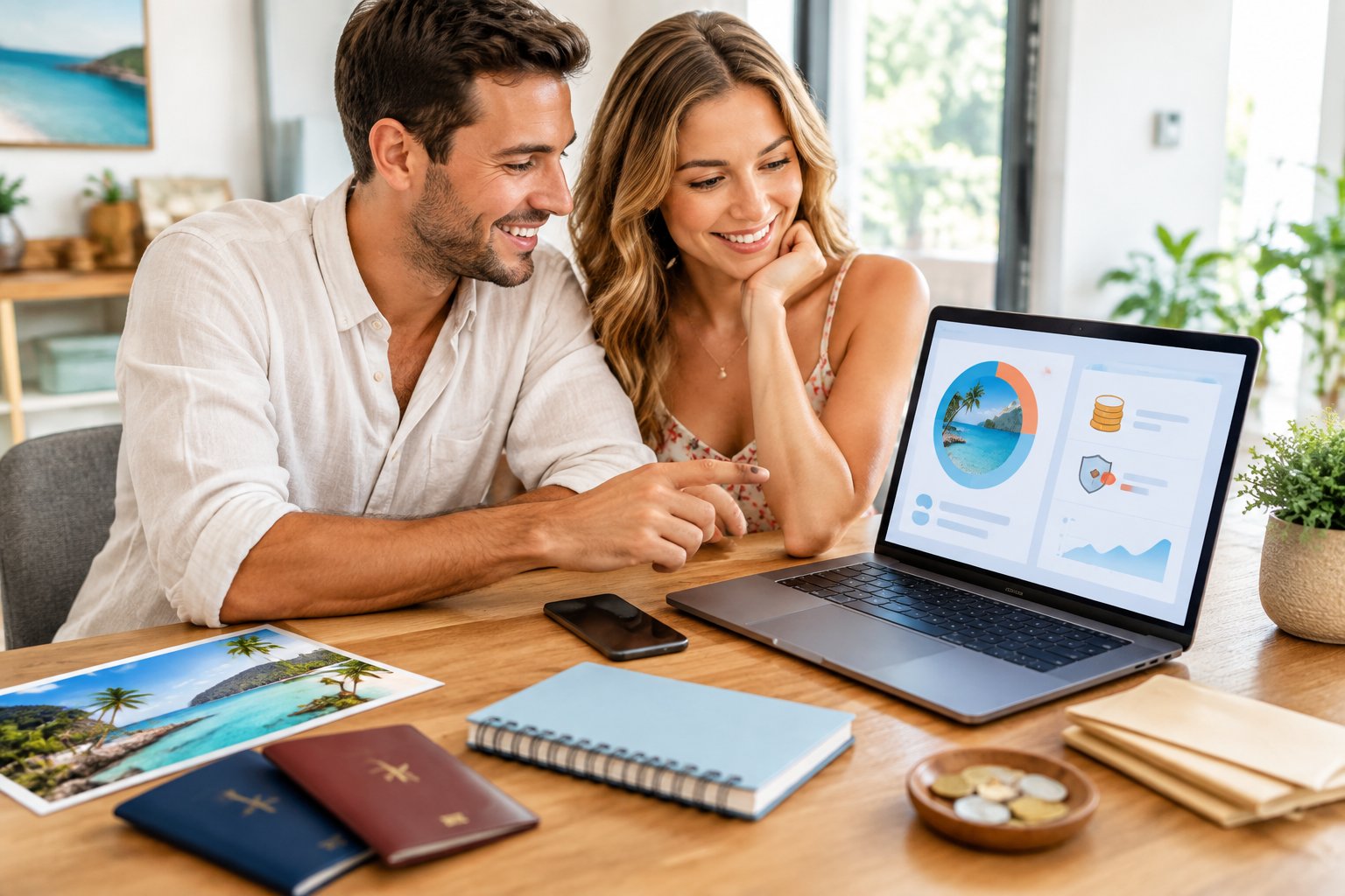 A newlywed couple reviews honeymoon savings with travel items at a bright home workspace.