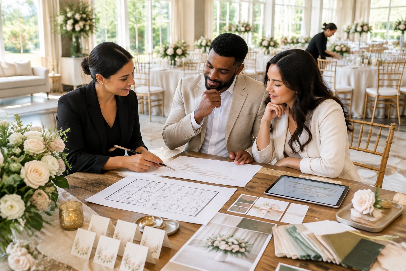 A venue coordinator reviews wedding plans with an engaged couple in an elegant reception space.