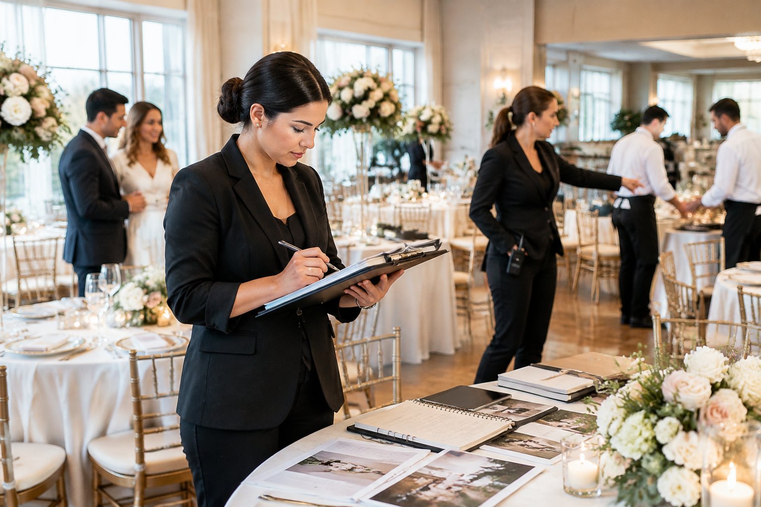A wedding planner and venue coordinator organize a reception while a couple reviews arrangements nearby.