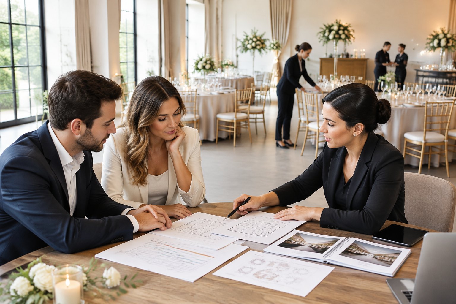 A couple reviews wedding plans with a planner while a venue coordinator checks the reception space.