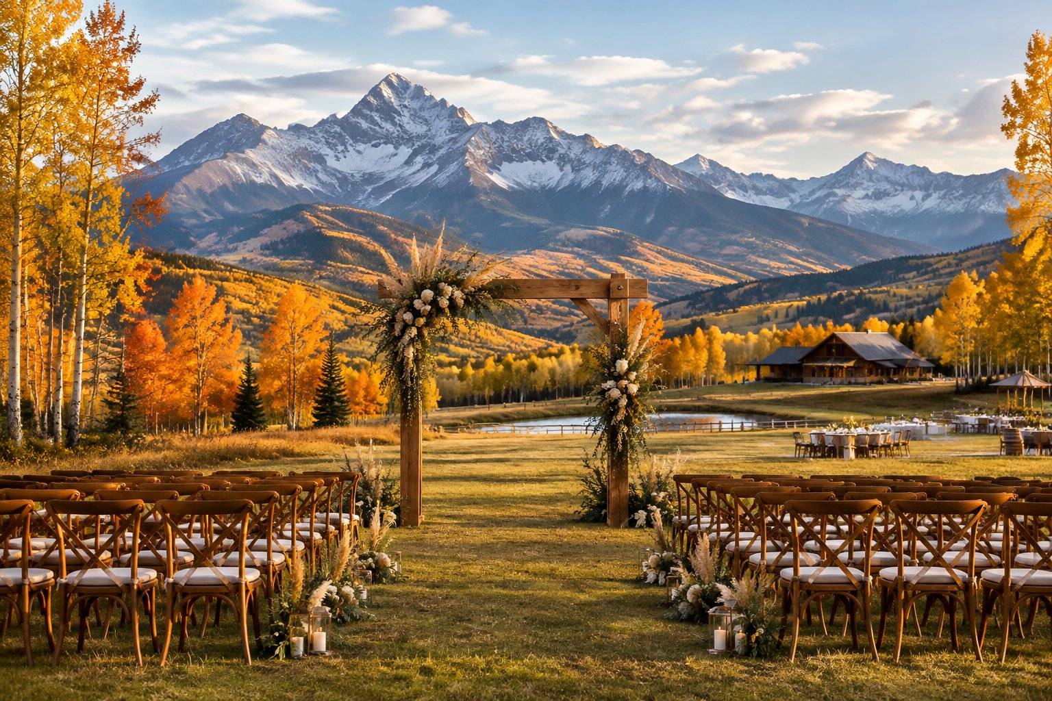 A rustic outdoor wedding ceremony set in an autumn mountain ranch meadow with colorful trees and distant peaks.