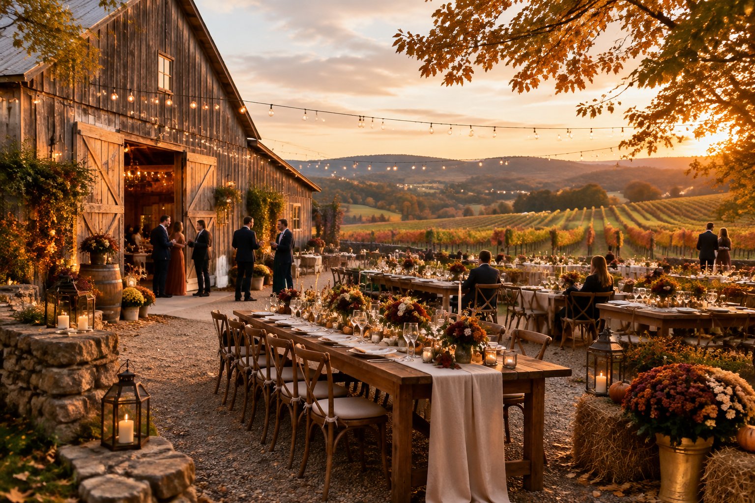 A cozy fall wedding reception beside a rustic barn, surrounded by autumn trees, farmland, and vineyard rows.