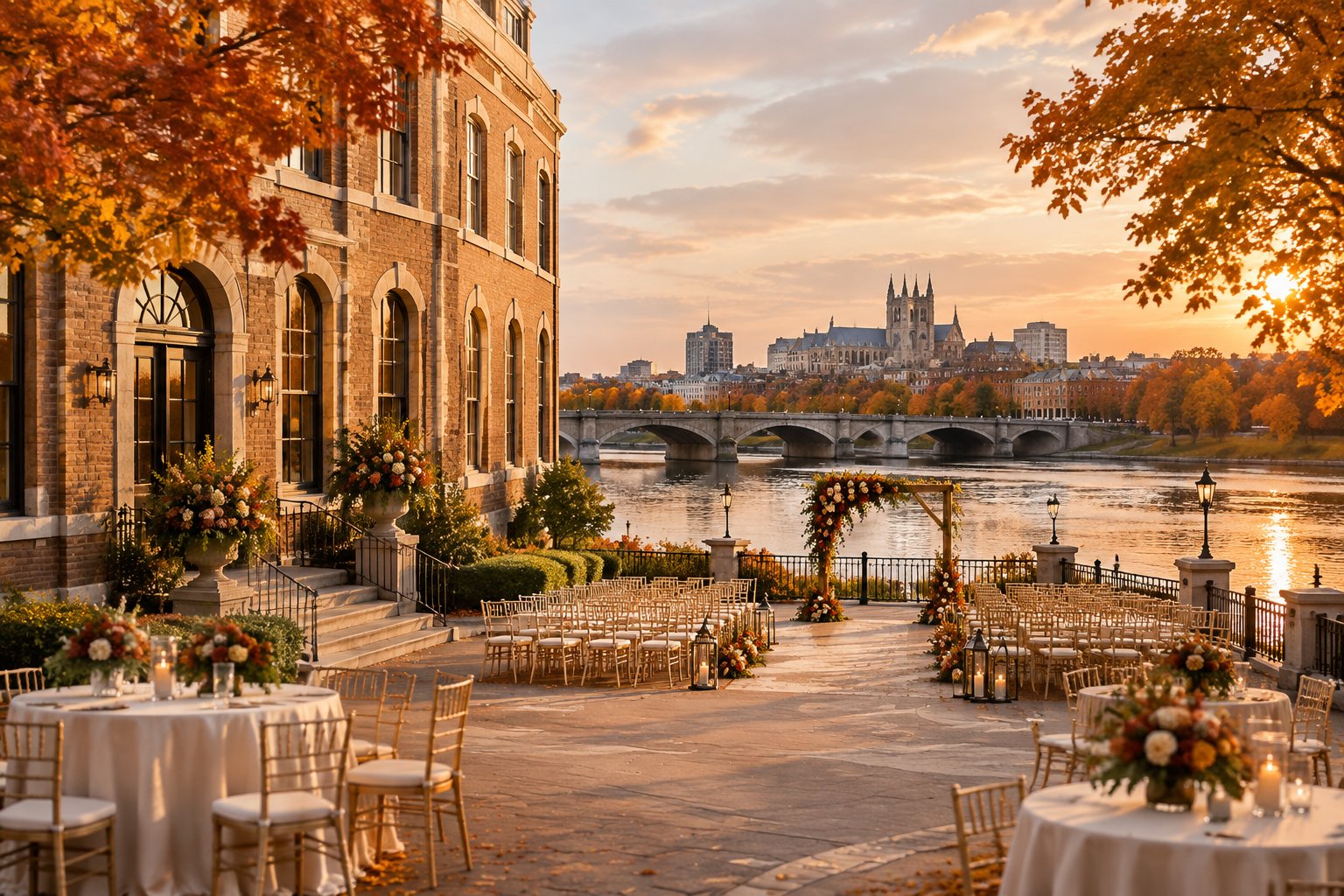An elegant historic wedding venue beside a city river, surrounded by colorful autumn trees and a decorated outdoor ceremony area.