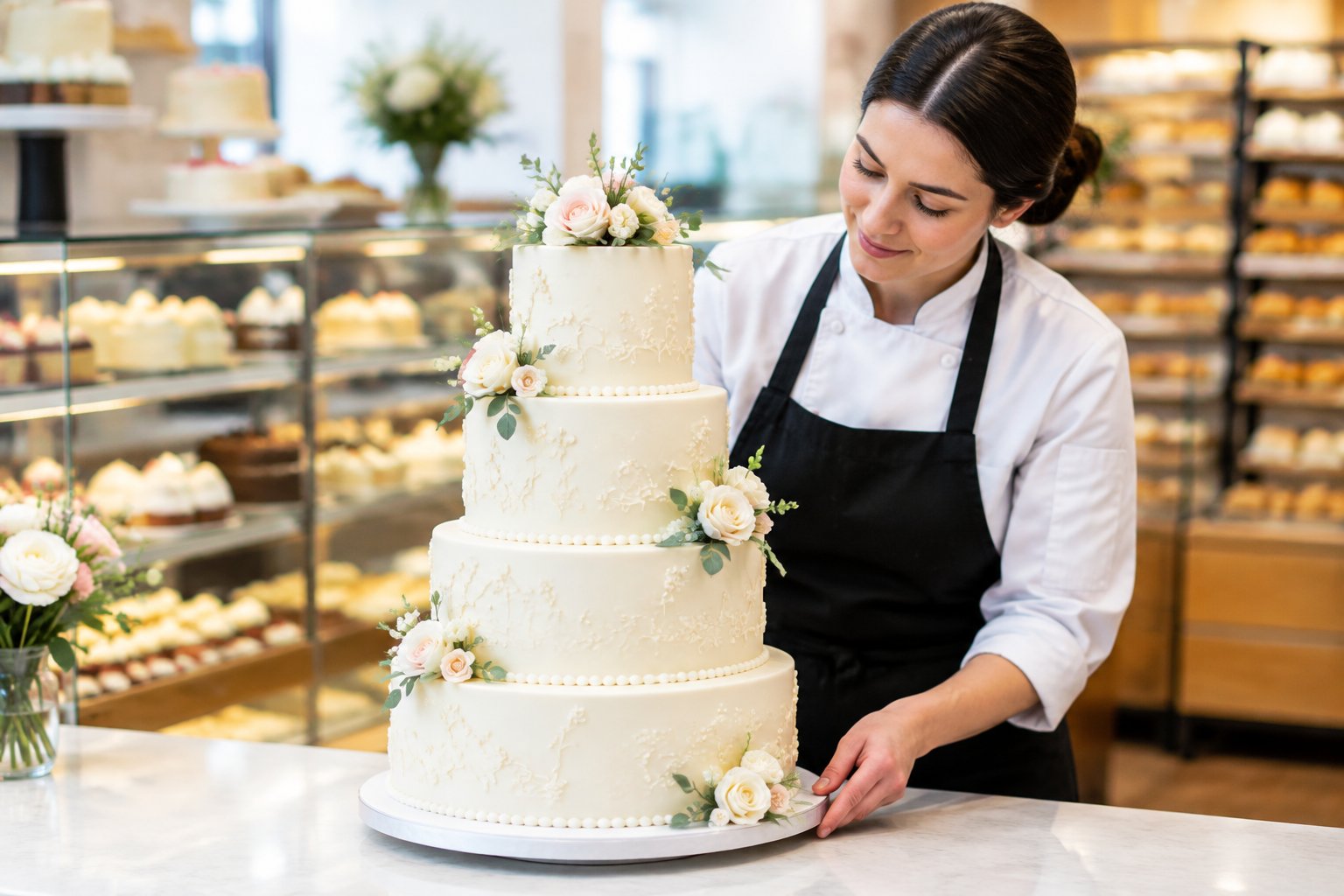 A decorated multi-tier wedding cake displayed on a bakery counter with an employee nearby.
