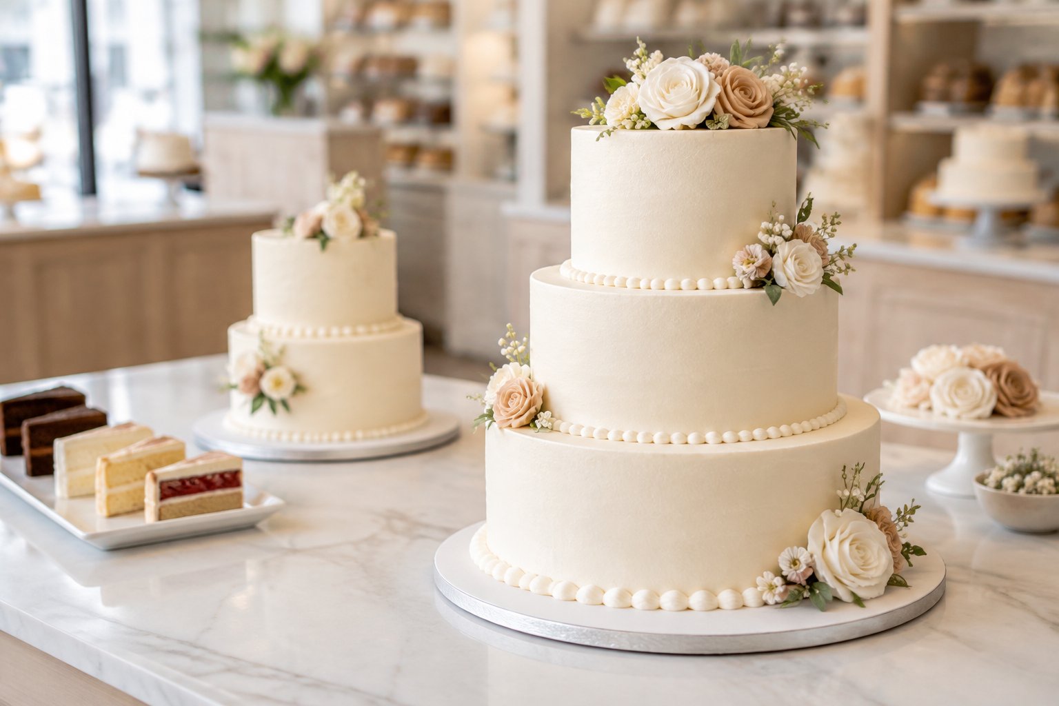 Three elegant white wedding cakes in different sizes displayed on a bakery counter.