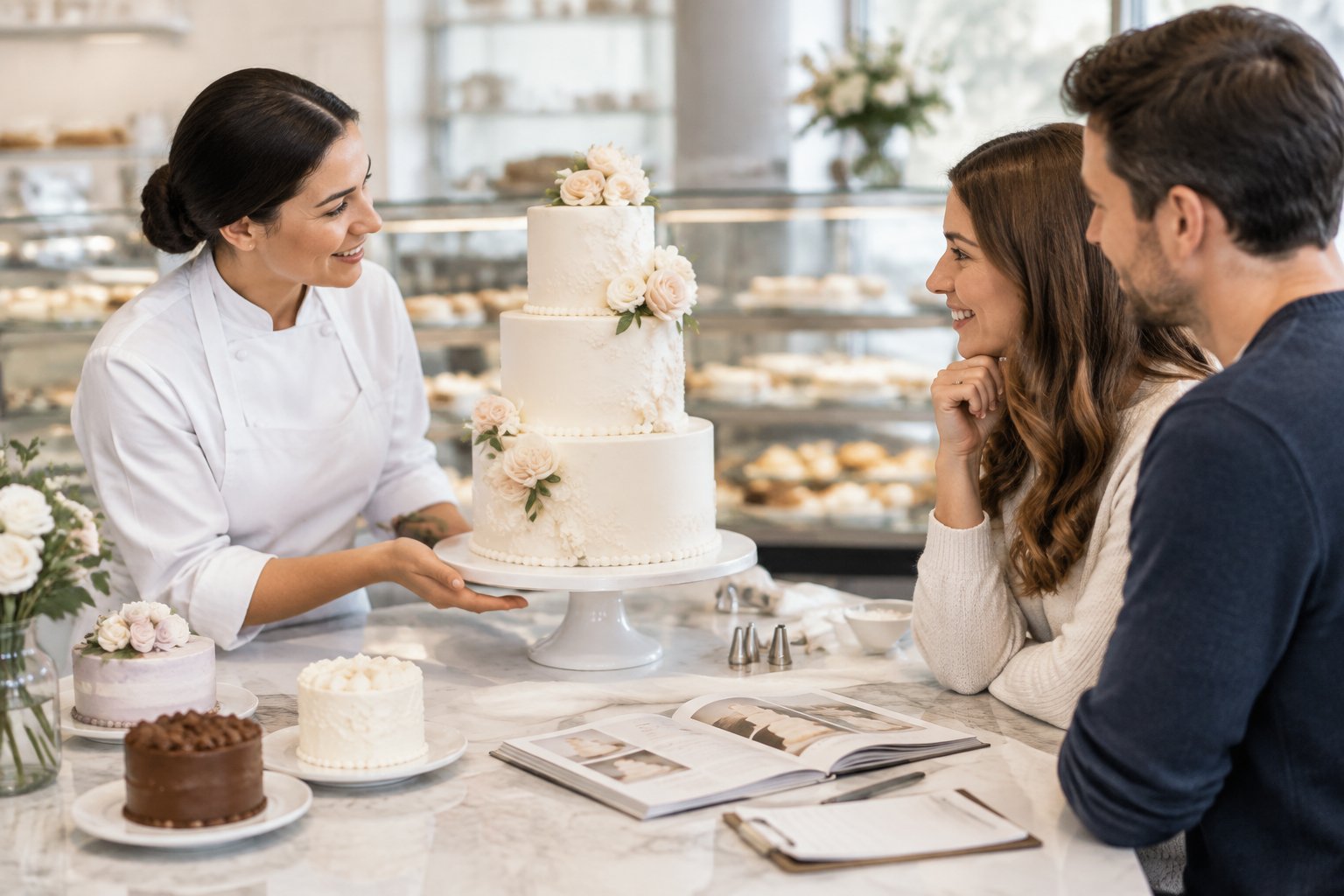 A bakery associate presents a tiered wedding cake to an engaged couple during a consultation.