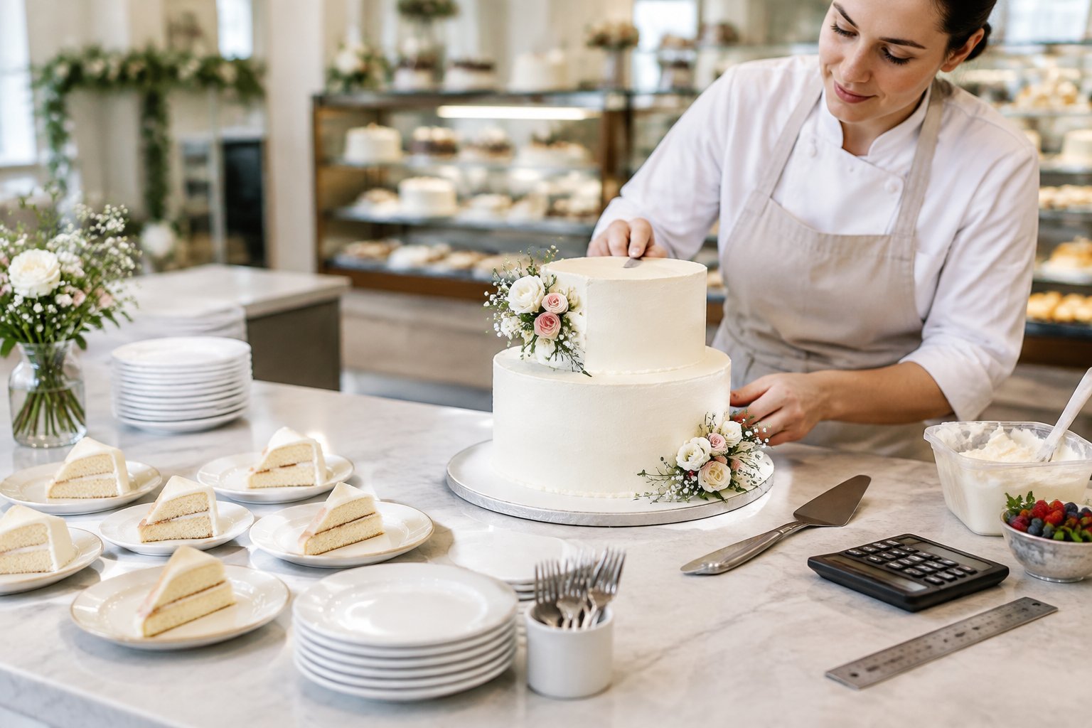 A supermarket bakery employee prepares a simple two-tier wedding cake beside plated slices and serving supplies.