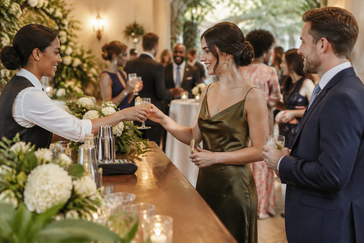 Wedding guests gather at a reception bar while one guest receives a drink from the bartender.
