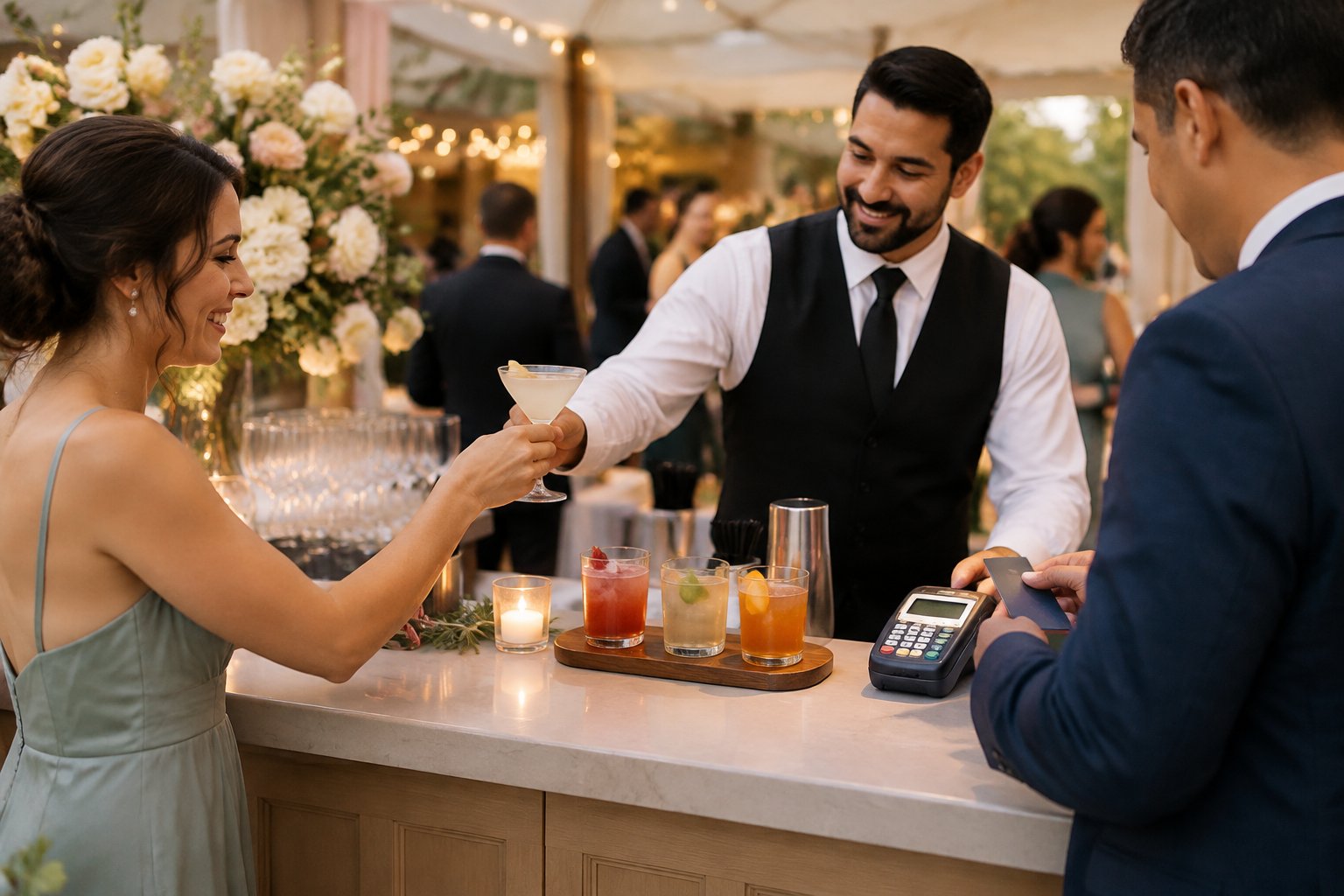 Wedding guests receive drinks at a reception bar while one guest pays by card.