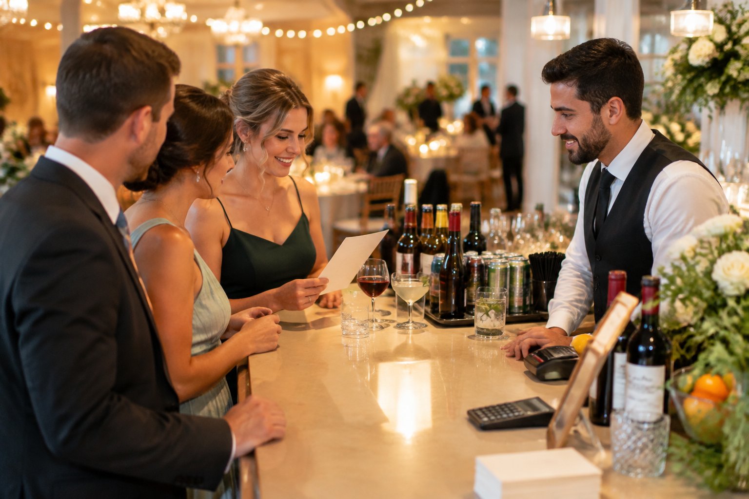 Wedding guests discuss drink options with a bartender at a reception bar.