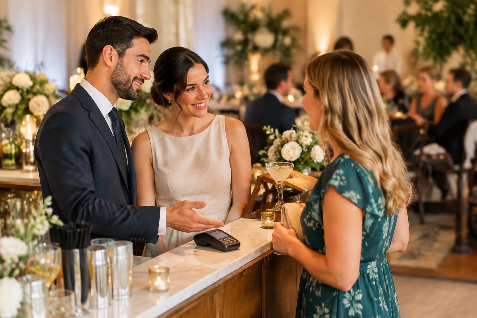 A wedding host politely gestures toward a payment terminal while speaking with a guest at a reception bar.