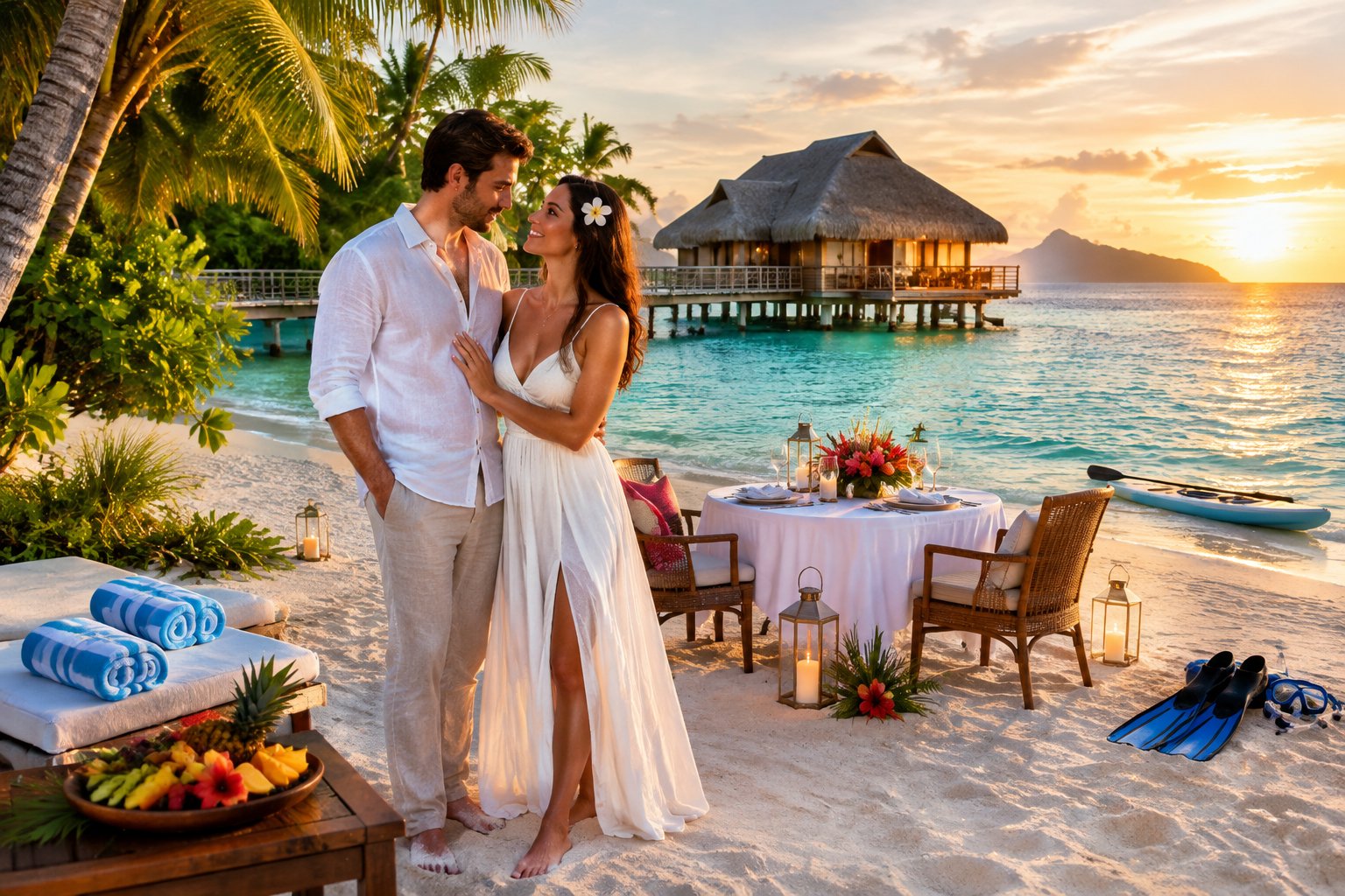 Newlywed couple enjoying a romantic Fiji beach resort with an overwater bungalow and dinner setting.