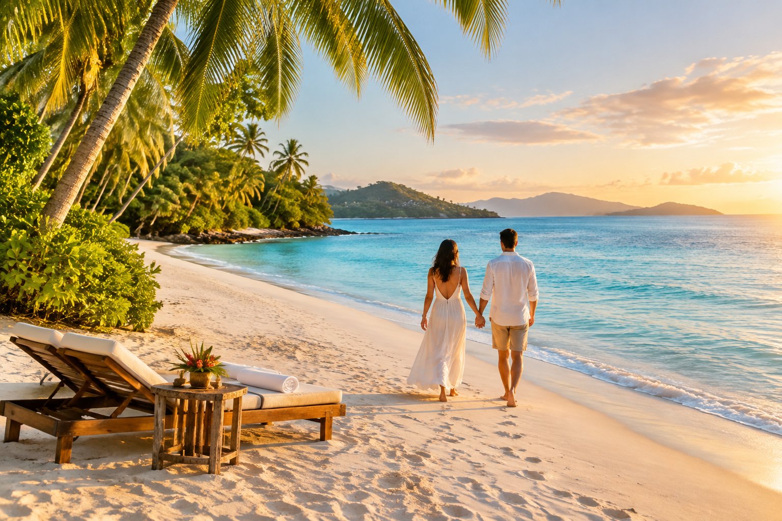 A couple walks hand in hand along a tropical Fiji beach with palm trees, turquoise water, and lounge chairs.