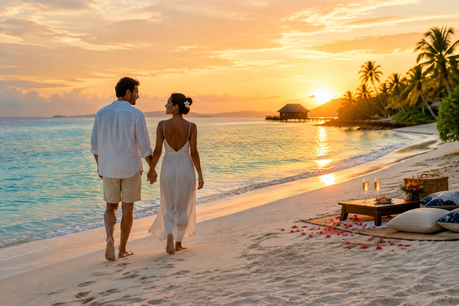 A couple walks hand in hand along a tropical Fijian beach near a luxury bungalow at sunset.