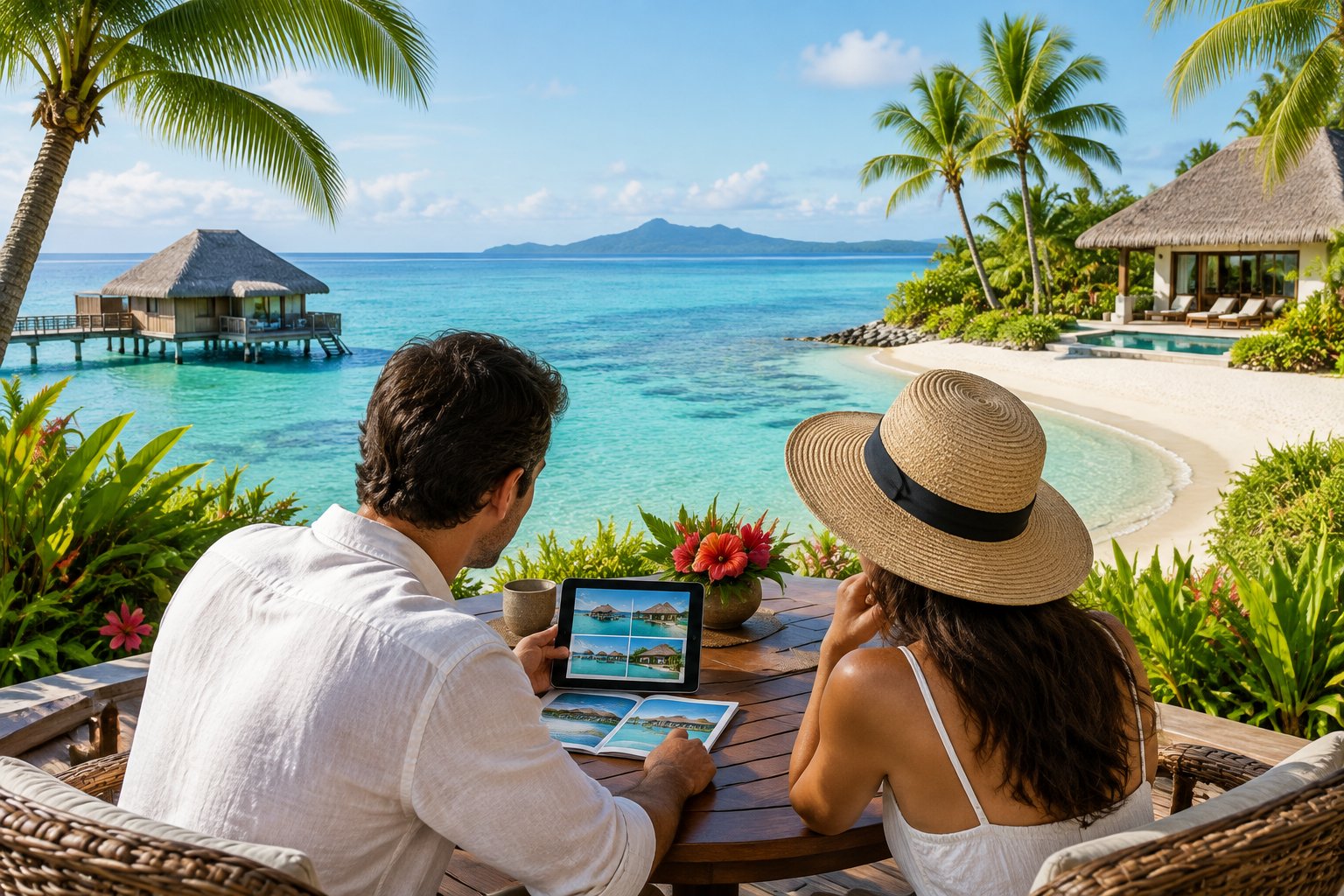 A couple compares resort room options beside a luxurious Fijian beach resort and turquoise lagoon.