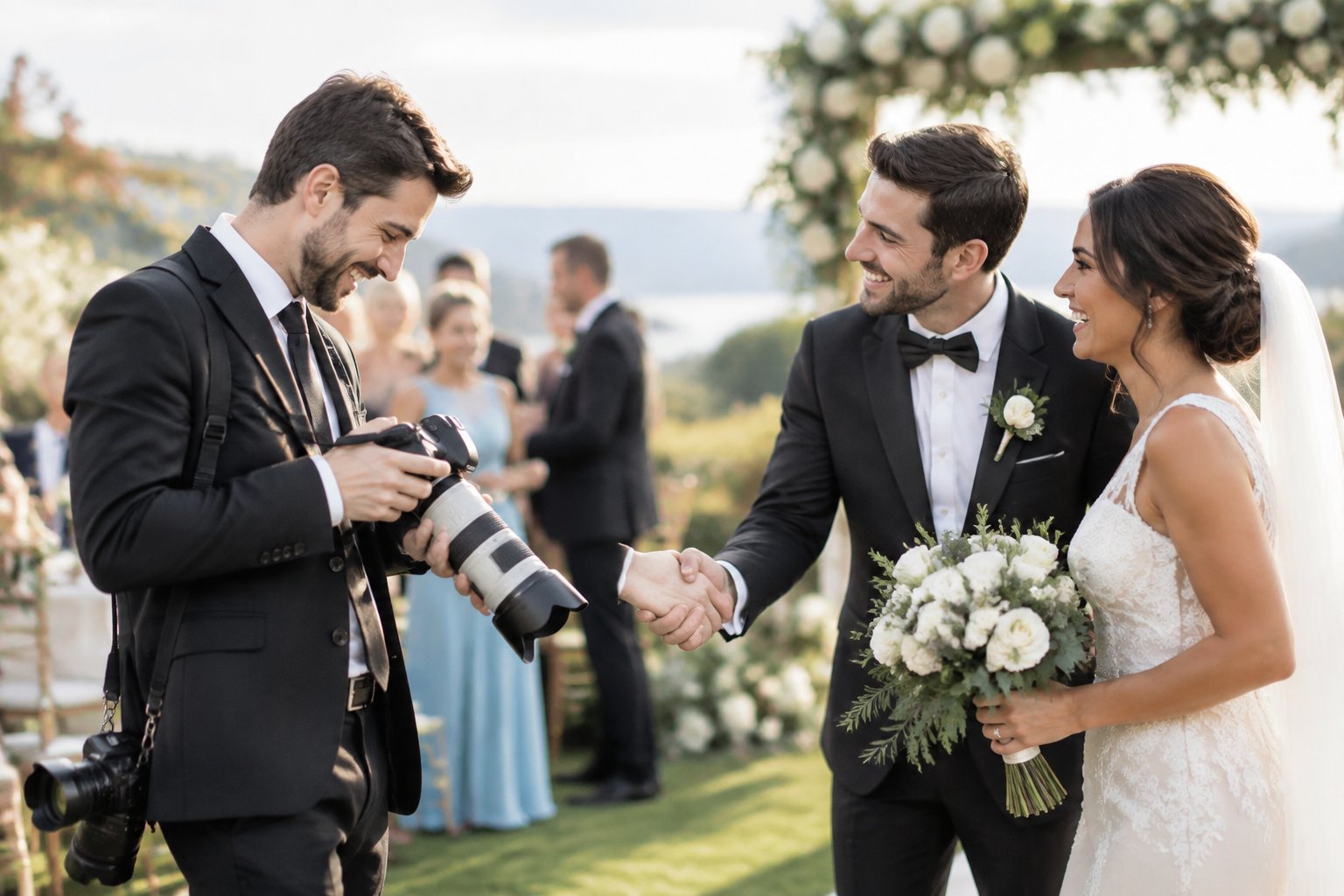A wedding photographer reviews a camera while the newlywed couple thanks them at a reception.