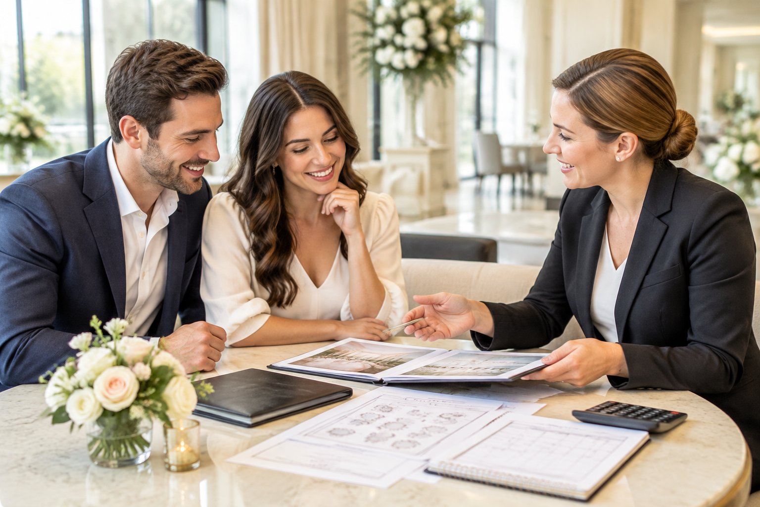 A couple discusses reserving a hotel wedding venue with a coordinator at a planning table.