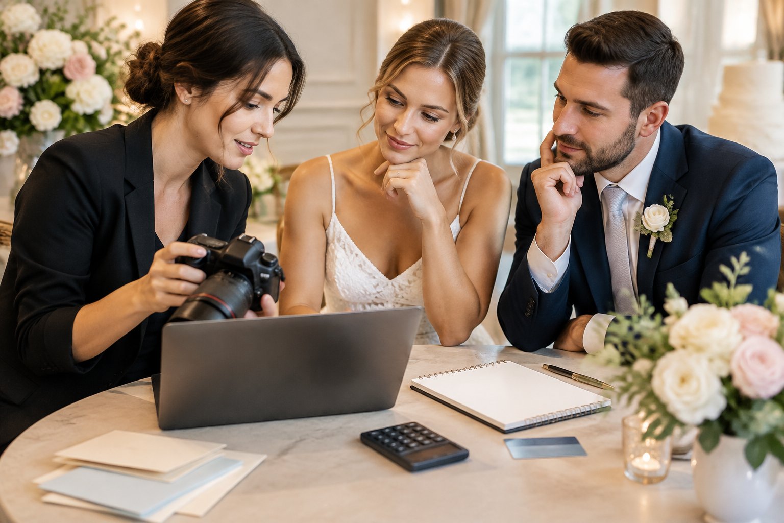 A wedding photographer discusses payment considerations with a newlywed couple at a reception.