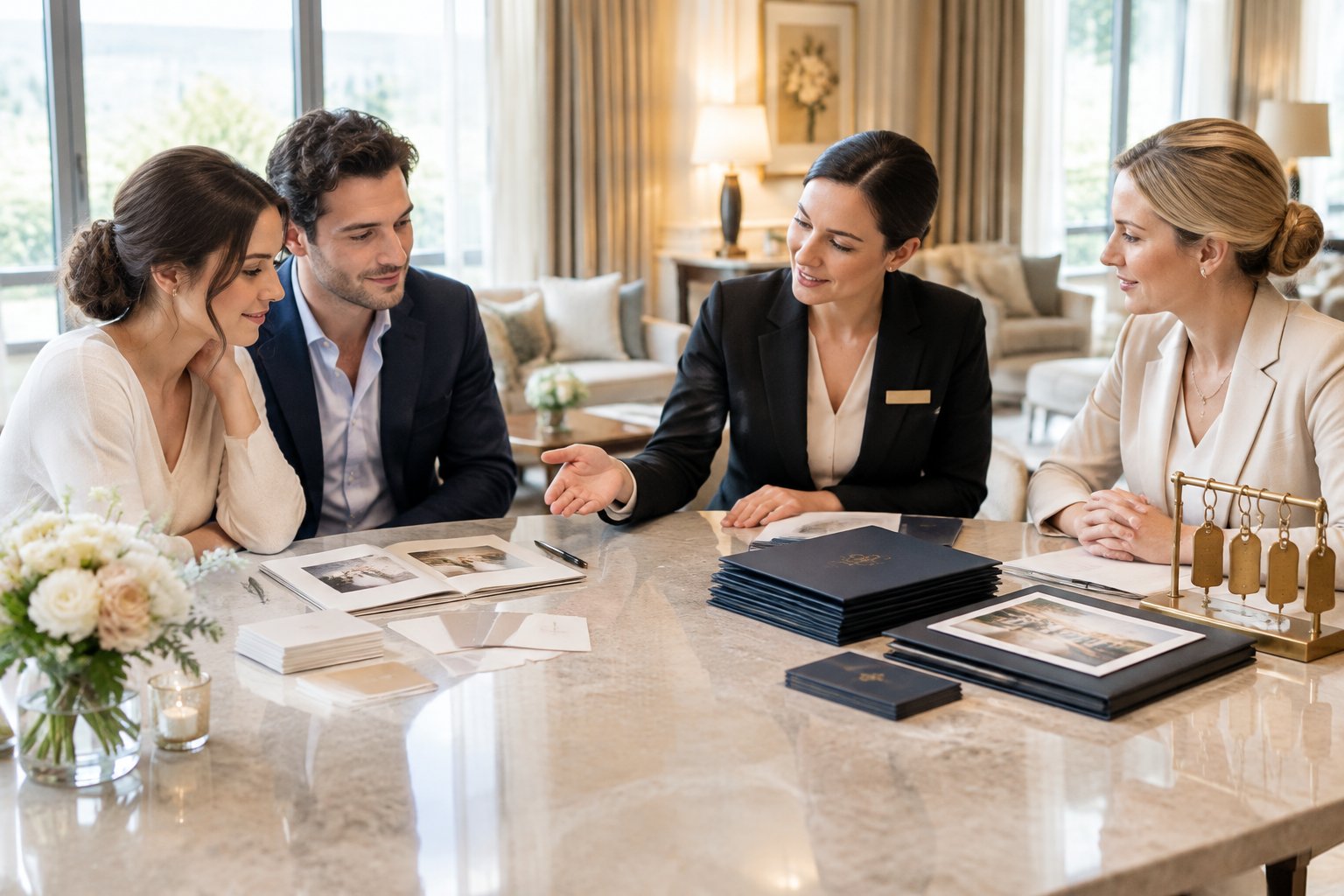 A couple, wedding planner, and hotel representative compare two organized sets of hotel reservation materials in an elegant meeting lounge.