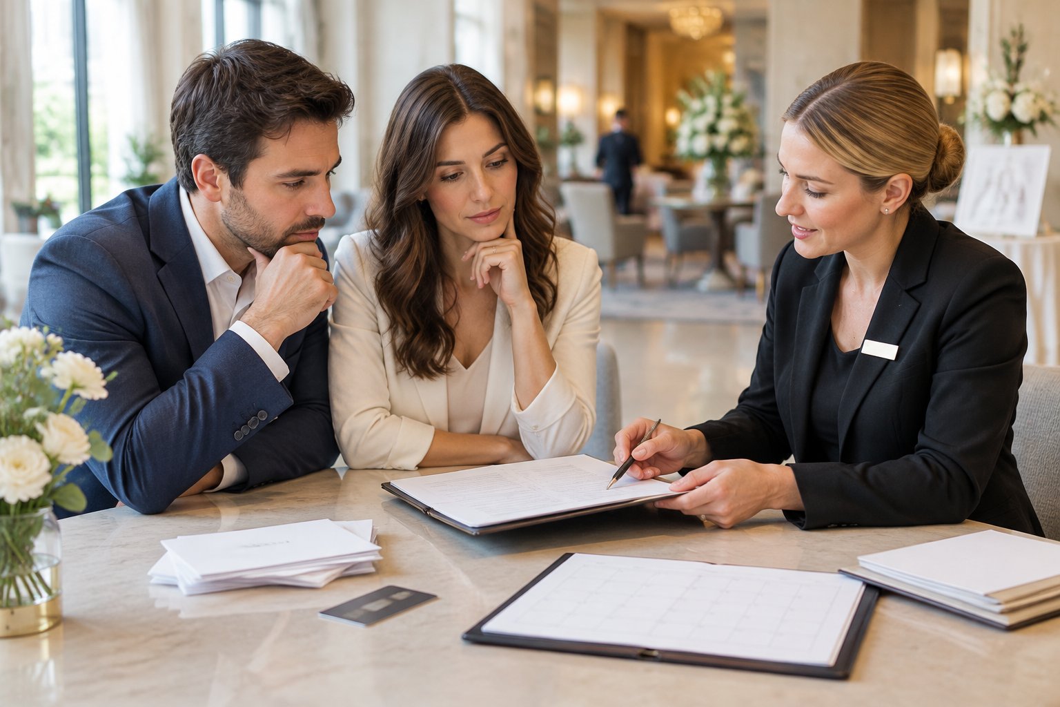 A couple and a wedding coordinator review hotel reservation documents at a table while unused room keys sit nearby.