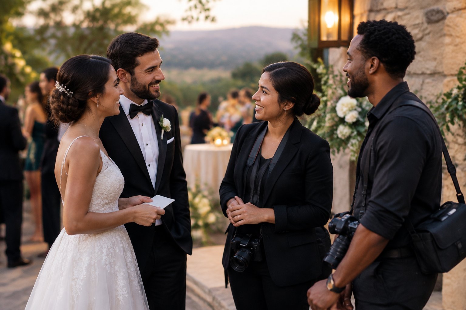 A newlywed couple thanks two wedding photographers at an elegant reception.