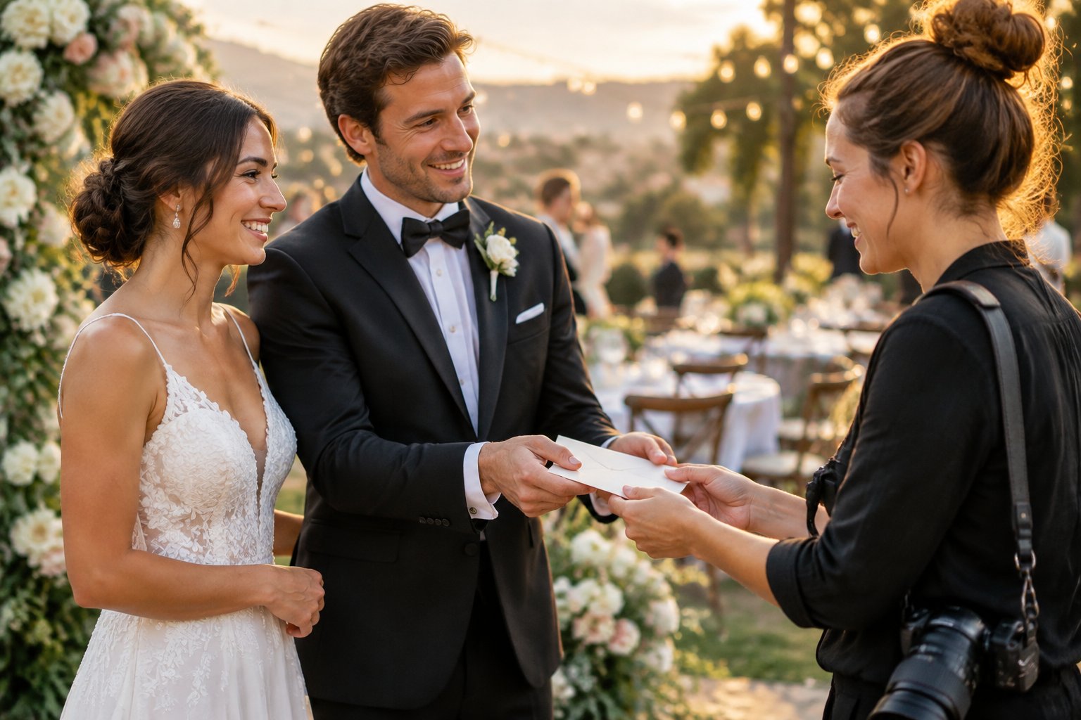 Newlyweds hand a small envelope to their wedding photographer at a warmly decorated reception.