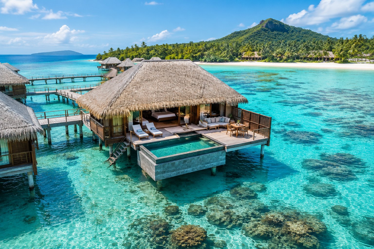 A luxury overwater bungalow on clear turquoise water beside a tropical Fijian island.
