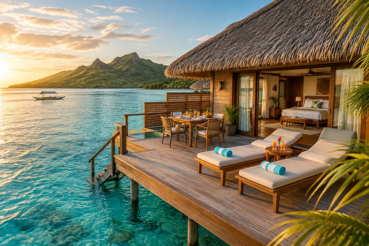 A luxurious Fiji overwater bungalow with a private deck, meal setting, loungers, and turquoise lagoon views.
