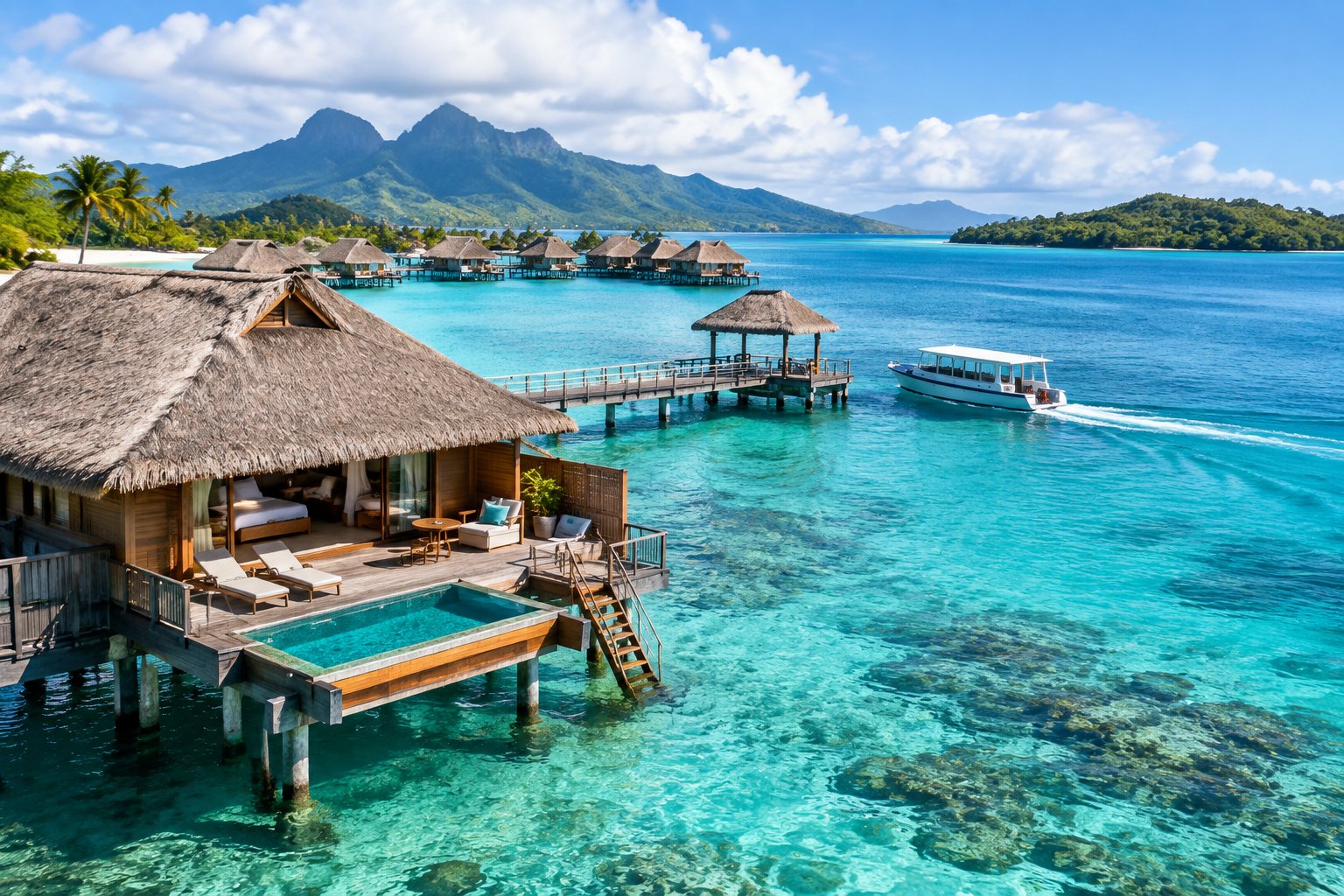 A luxury overwater bungalow and resort transfer boat on a clear turquoise lagoon in Fiji.